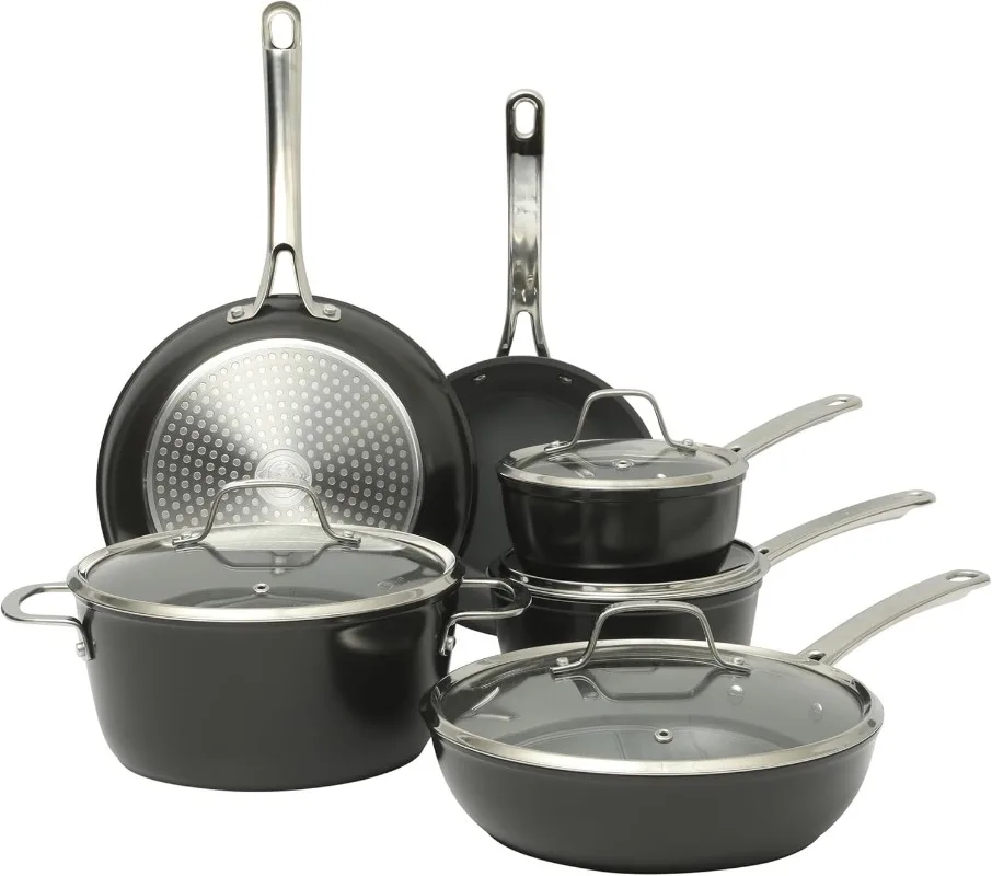 

Kitchen Essentials Cool Commune Hard Anodized 10 Piece PFA Free Ceramic Non stick Interior Forged Durable Aluminum