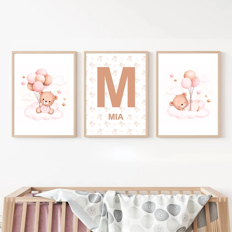

Customized Watercolor Bears Pulling Balloons Name Personalized Canvas Nursery Wall Art Posters and Prints Set of 3 Room Pictures