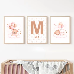 Customized Watercolor Bears Pulling Balloons Name Personalized Canvas Nursery Wall Art Posters and Prints Set of 3 Room Pictures