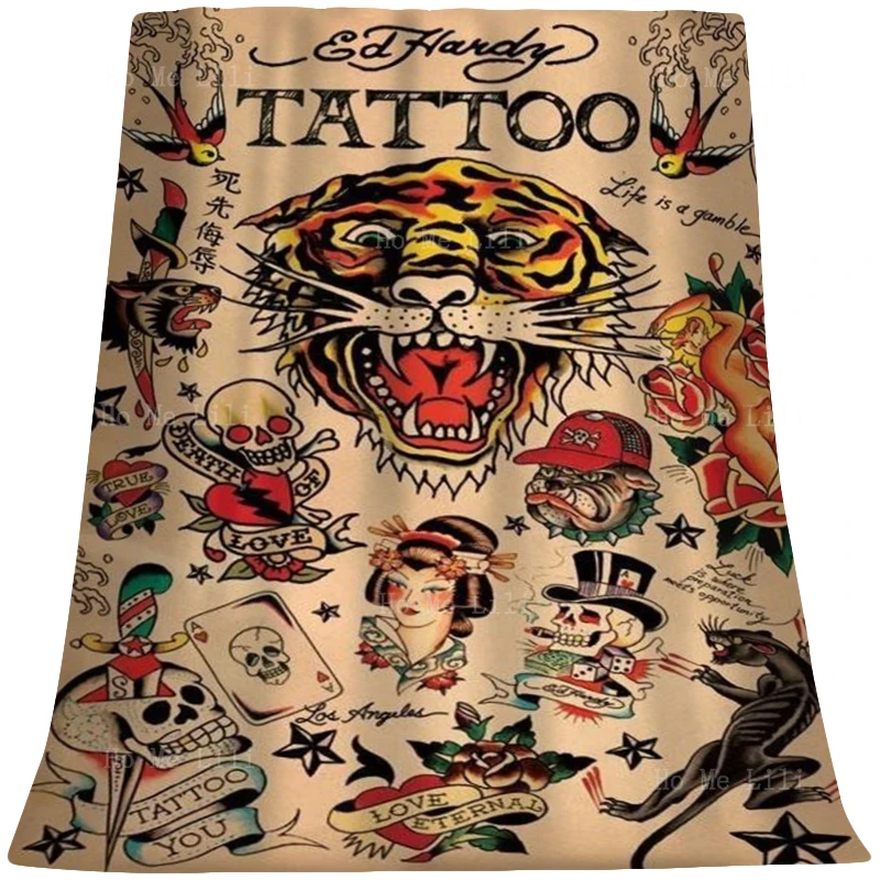 Classic Tiger Tattoo Collage Love Kills Slowly Skull Dagger Roses Geisha Old School Style Flannel Blanket By Ho Me Lili