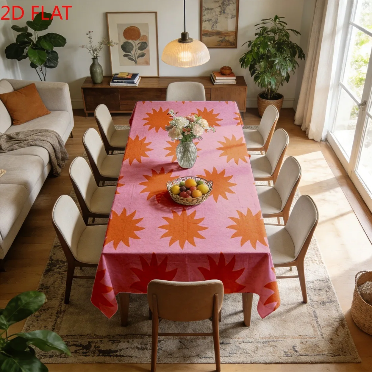 1pc Modern Orange Starburst Tablecloth with Pink-Orange Contrast - Reusable Washable Suitable for Indoor/Outdoor Rectangular & Square Tables, Suitable for Coffee Tables, Dining Tables, Party Decor, for, Hotel Restaurants, 2D Flat