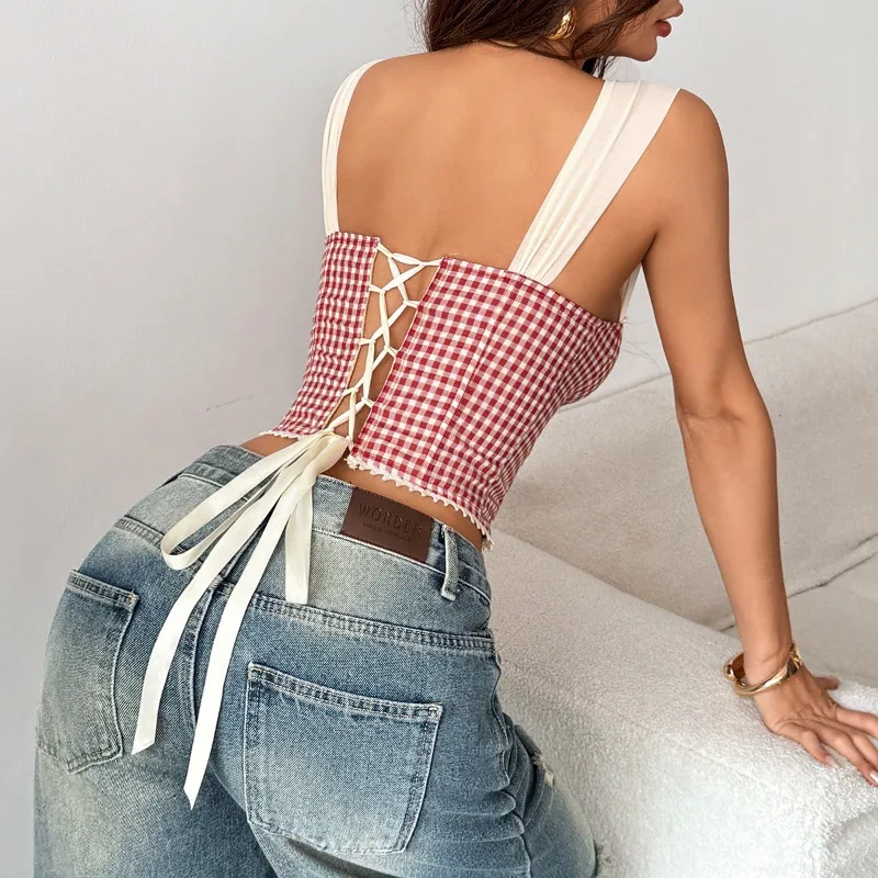 Damen Gingham Korsett-Cami-Top mit Spaghettiträgern, gewelltem Saum, Fischgrätenmuster, Taillenbändern und überkreuzten Schnürungen hinten, schmal geschnittenes Bustier – Detail 7