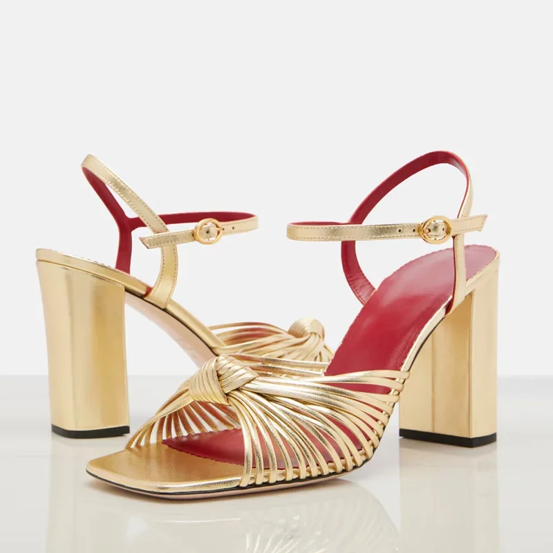 Gold Narrow Band Leather Sandals Sexy Square Toe Squar Heel Shingback Accept Customized New Arrivals Fashion Women Modern Shoes image 5