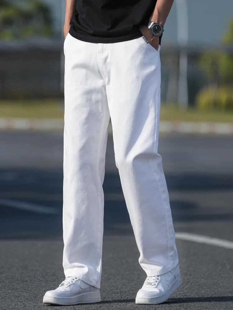 100%Cotton Fashion Loose Jeans Men's Spring Summer Thin Straight Washed Breathable White Denim Pants Casual Business Trousers