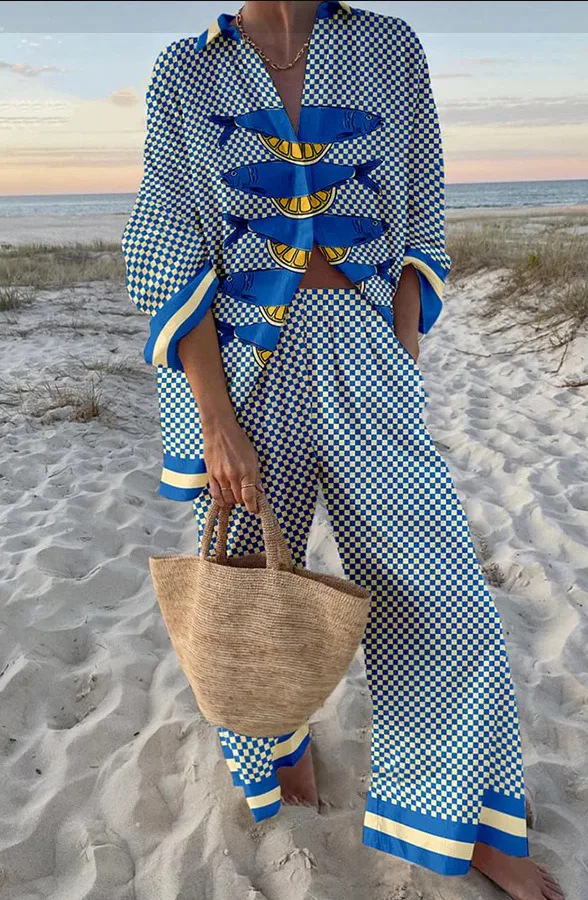 Fashion Print Beach Holiday 2 Piece Set Women Summer Long Sleeve Shirt Top Wide Legs Women's Oversize Two Piece Pant Sets Outfit