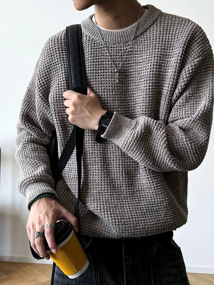 Japanese Style Heavyweight Chunky Knit Sweater For Men Fall Winter Solid Color Minimalist Round Neck Casual Pullover Trendy Male