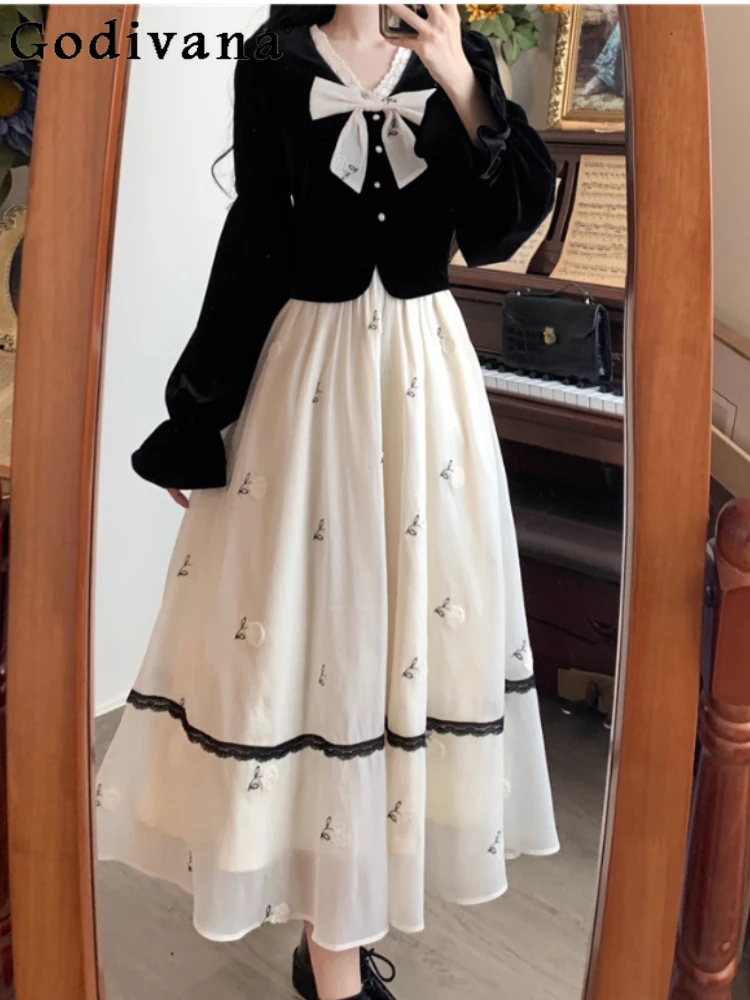 

Girl Autumn Winter Large-size Princess Velvet Fake Two-piece Dress High Waist Versatile A-line V-neck Long Sleeve Korean Dresses