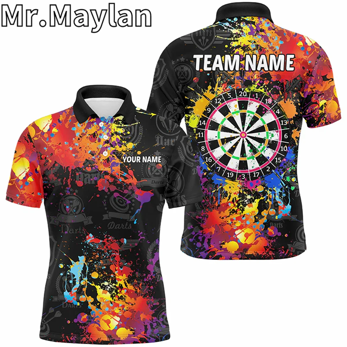 3D Personalized Dartboard Colorful Paint Custom Black Darts Polo Shirt For Men Grunge Style Darts Jerseys Gifts For Darts Lovers