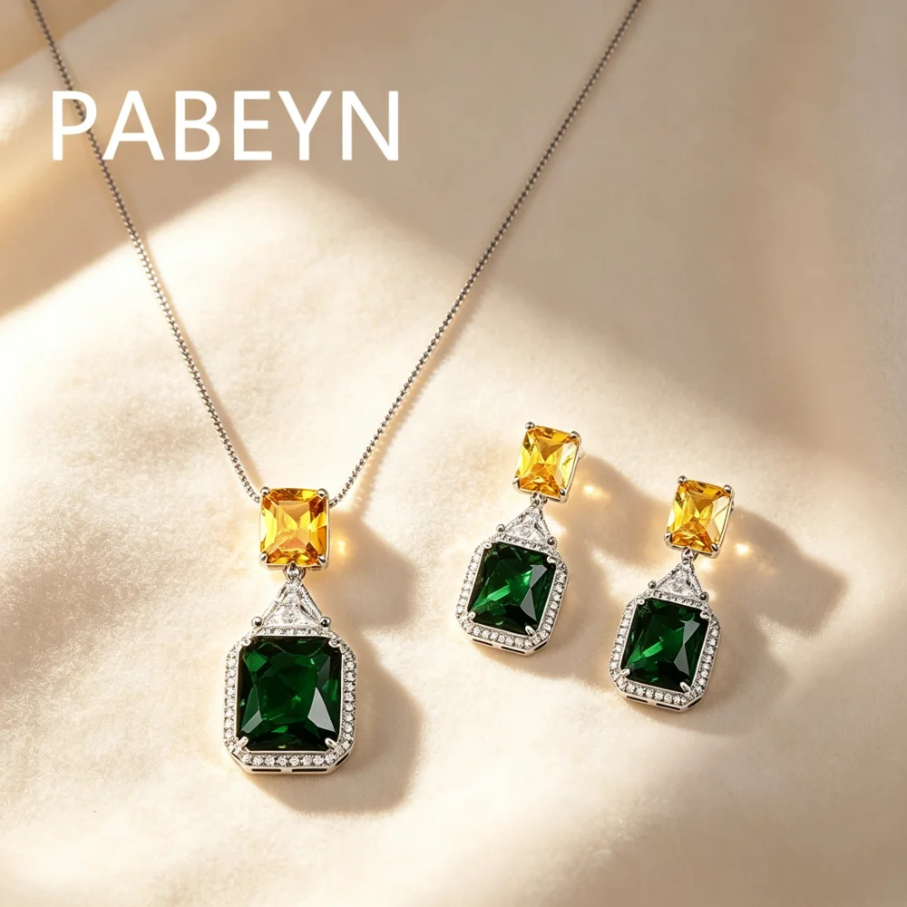 925 Silver Dual-Color Zircon Pendant Studs. Stunning Emerald and Citrine-toned Zircon. Chic, Elegant Jewelry view 2
