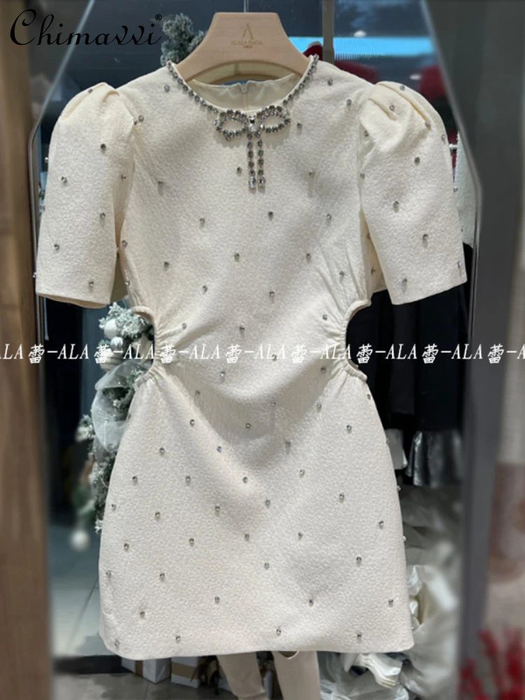 

Sexy Hot Girl Women's High Waist Slim Fit Dress Spring and Summer Fashion Diamonds Puff Sleeve Round Neck Short A-Line Dress