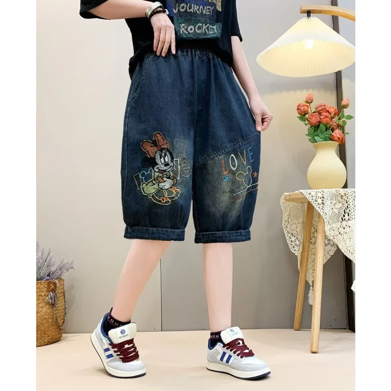 

pantalón vaquero cowboy pants Women's Disney Summer New Vintage Jeans, Cartoon Mickey Embroidered Knee Length Loose Harem Shorts