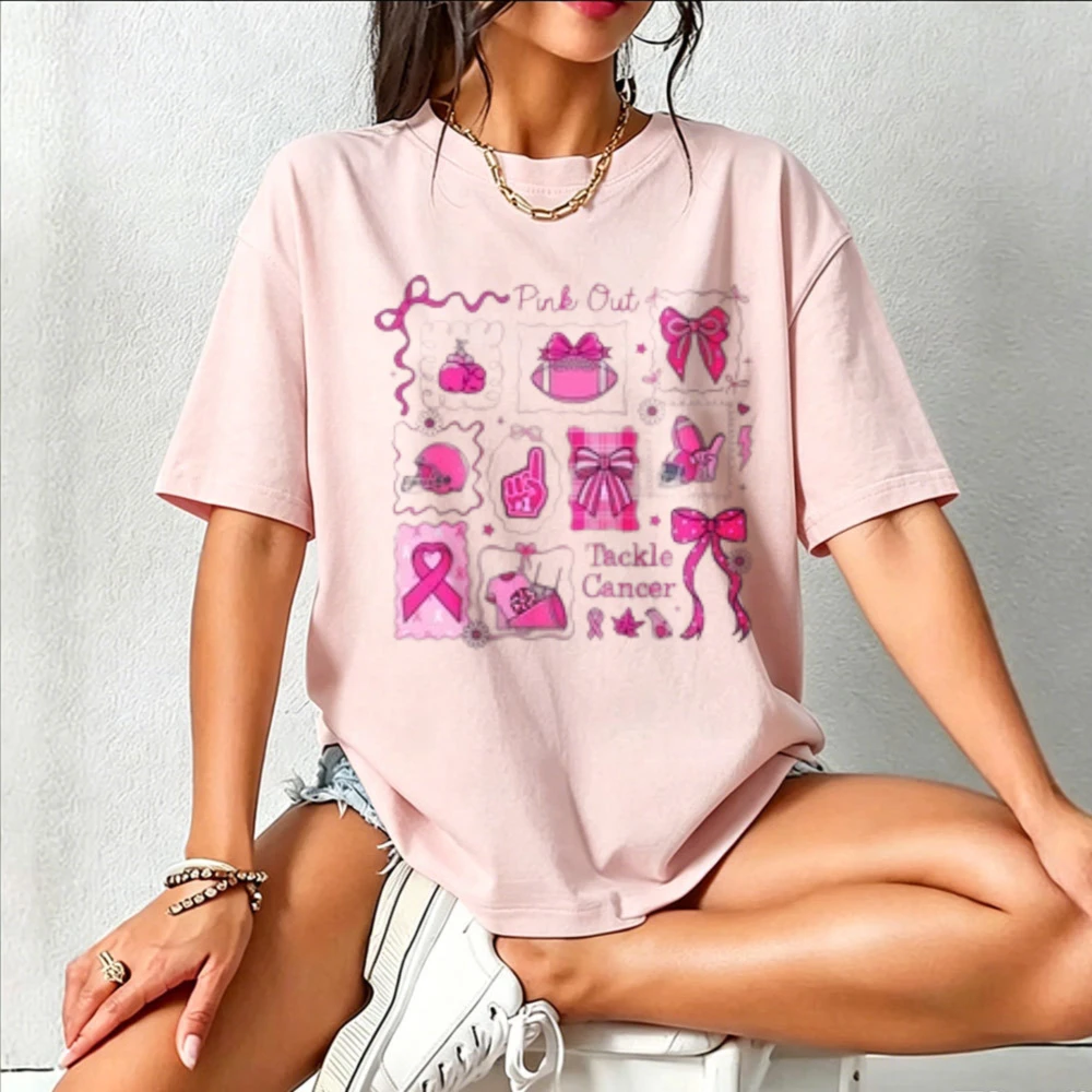 Pink Out Tackle Cancer Breast Cancer Awareness T‑Shirt Football Bow Pink Ribbon Collage Patchwork Inspirational Art Cotton Tees