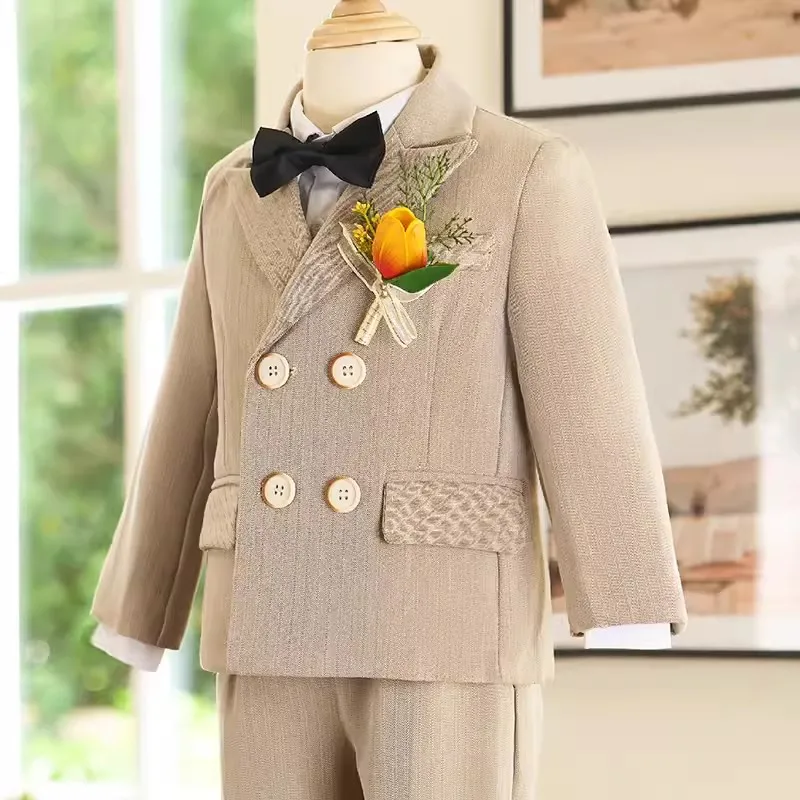 Children Beige Stripe Jacket Vest Pants Bowtie Flower Photography Suit Kid Ceremony Costume Boys Wedding Stage Performance Dress