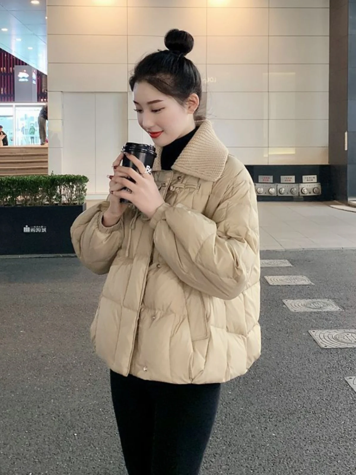 

Fashionable Knitted Chinese Style Women's down Cotton Jacket Navy Collar Double Breasted Long Sleeve Thickened Winter Coat