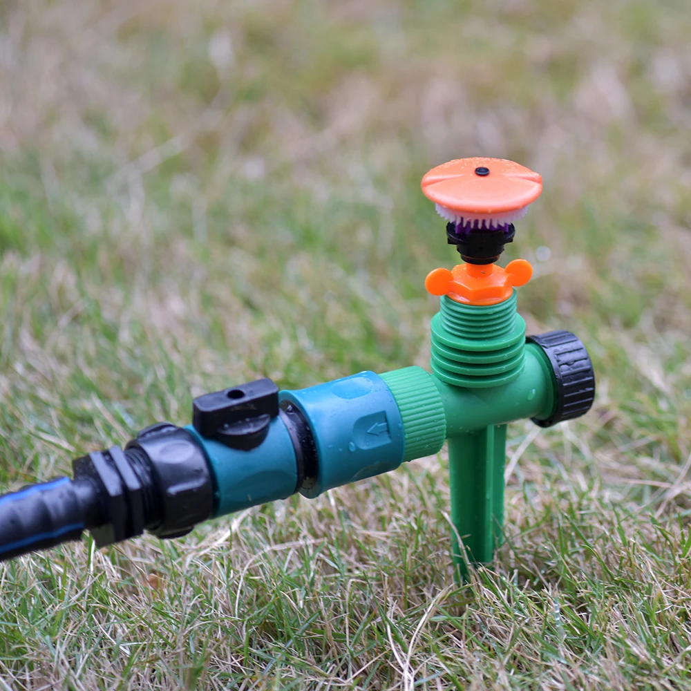 360-Degree Rotating Garden Sprinkler with Support - 1/2" Thread, Ideal for Lawns & Gardens, Durable Plastic, Watering & Irrigati