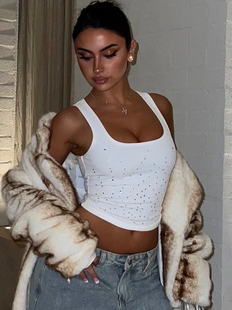 Frau Perlen Strass Tank Tops Weiß Schwarz Sommer Ärmelloses Korsett T-shirt 2025, Casual Quadrat Kragen Crop Top Streetwear