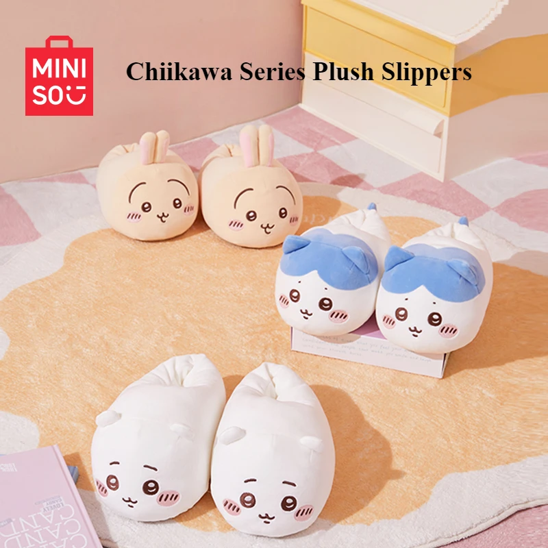 

MINISO Chiikawa Series плюшевые тапочки, мягкие и теплые домашние милые детские игрушки с героями мультфильмов, периферийные устройства, подарок на день рождения, Kawaii, противоскользящие