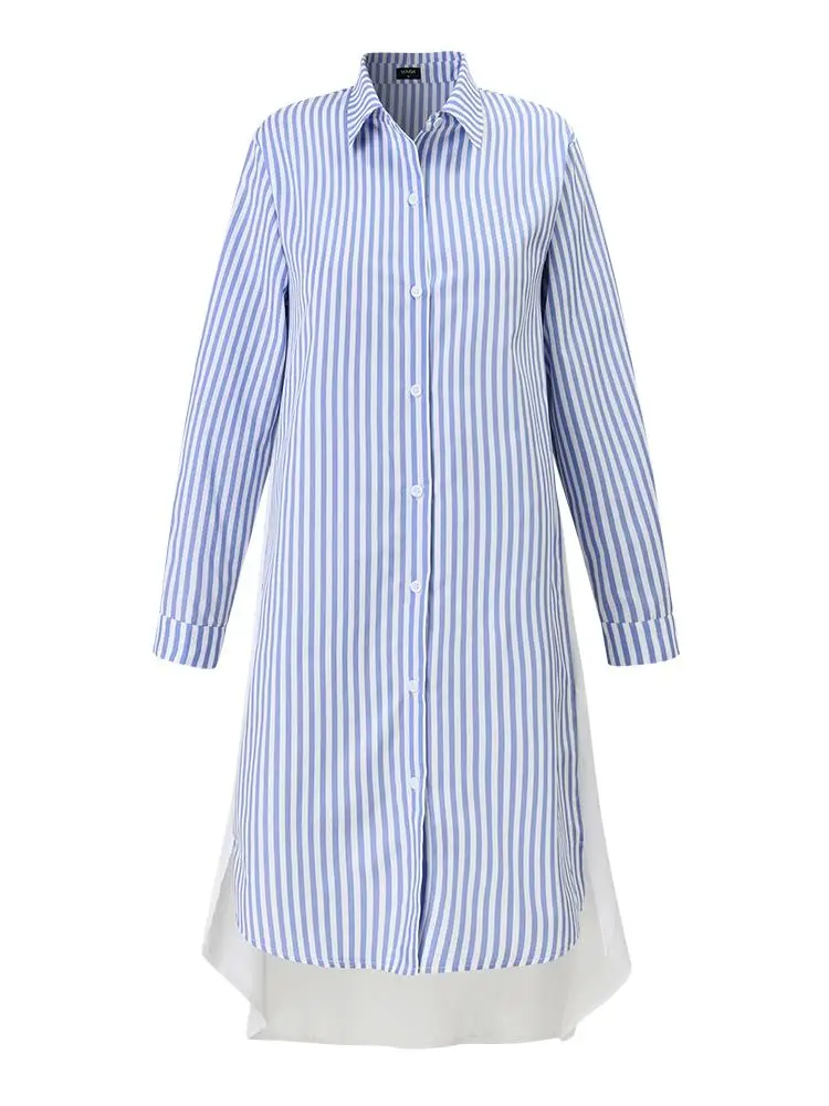 VONDA Women Autumn Striped Dress 2024 Casual Lapel Long Sleeve Asymmetrical Shirt Sundress Patchwork Loose Party Vestidos Robe