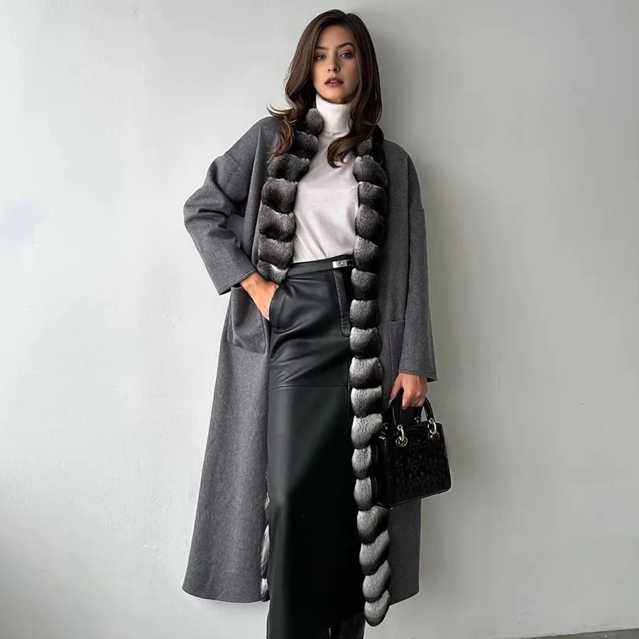 진짜 토끼털 칼라 여성 겨울 고급 캐시미어 울 코트 여성 천연 모피 코트 인기 스타일