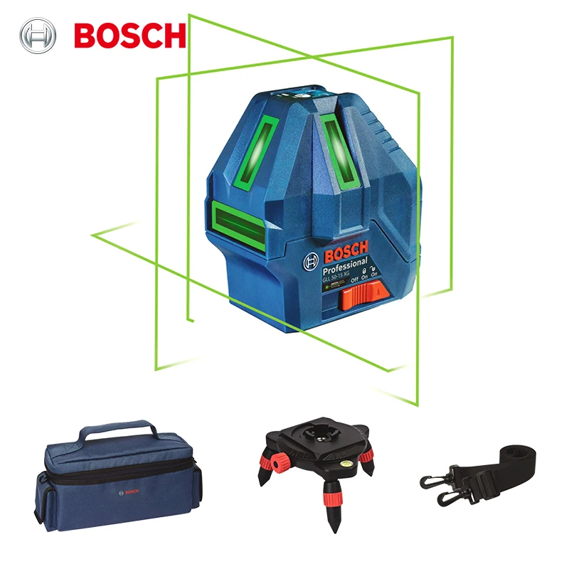 Bosch GLL 50-15 XG Green Laser Level Cross Line Laser Self-Leveling Alignment Laser with Multipurpose Rotating Platform Tool bag