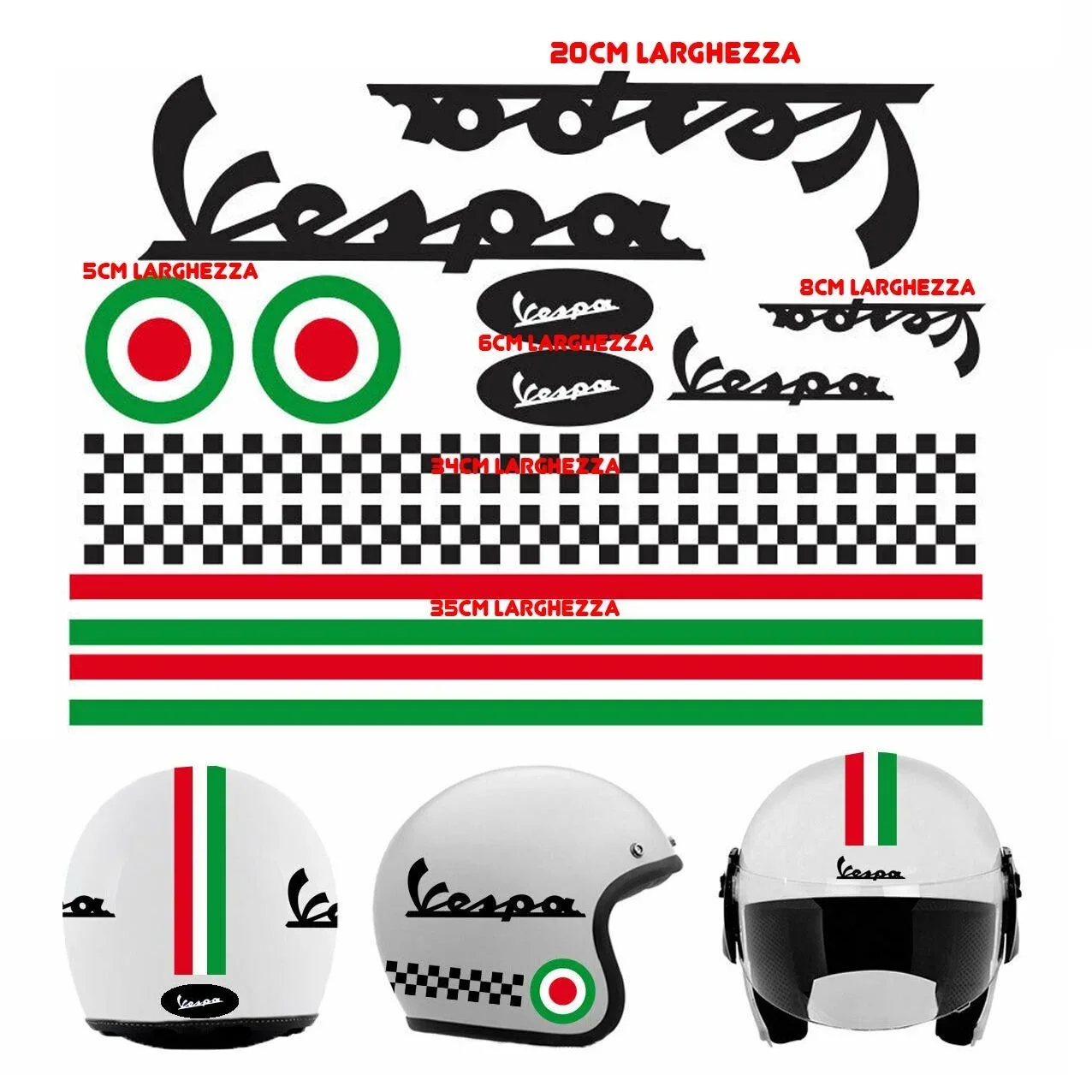 Kit Adesivos Pretos Vespa, Listras, Bandeiras, Itália, Capacete Círculo, 1 conjunto de adesivos