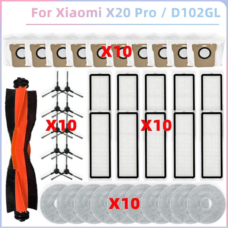 

ABUH-For Xiaomi Robot Vacuum X20 PRO / D102GL Robot Vacuum Parts Main Roller Side Brush Hepa Filter Mop Cloth Dust Bag