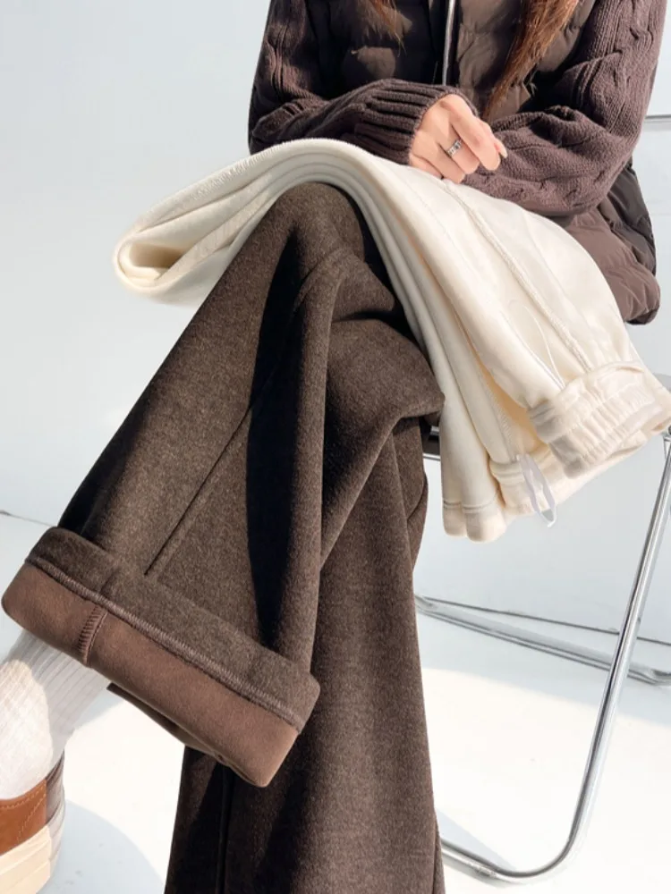 Spodnie damskie z szerokimi nogawkami, jesienno-zimowe, ocieplane, z wysokim stanem, proste, codzienne, zwiewne, typu knife, dresowe.