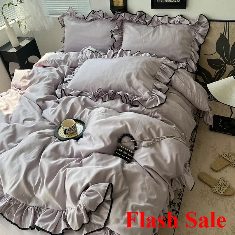 2025 Hot Sale summer ice silk Korean large lace washed silk four-piece set lace mattress cool bed sheet summer bedding