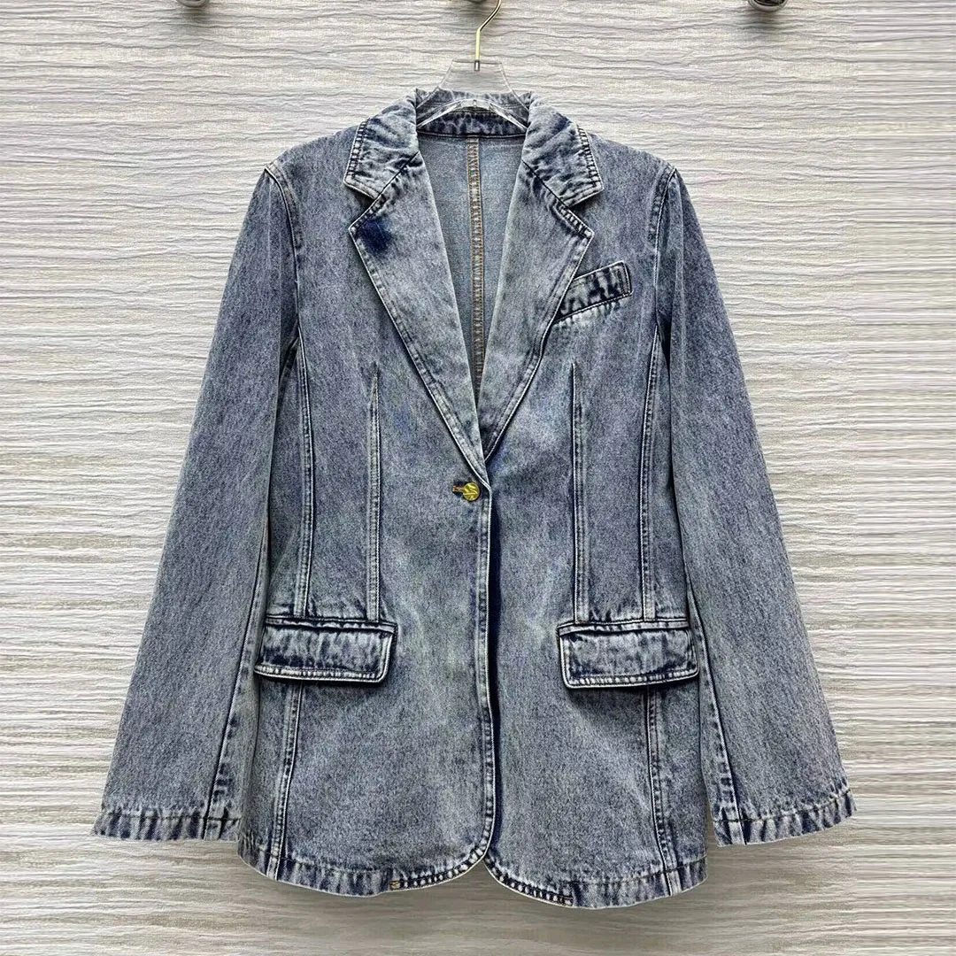 

2025 Новая модная джинсовая куртка синего цвета со снежинками, блейзер с зубцами и длинными рукавами, золотыми пуговицами, карманами, облегающий винтажный костюм, пальто