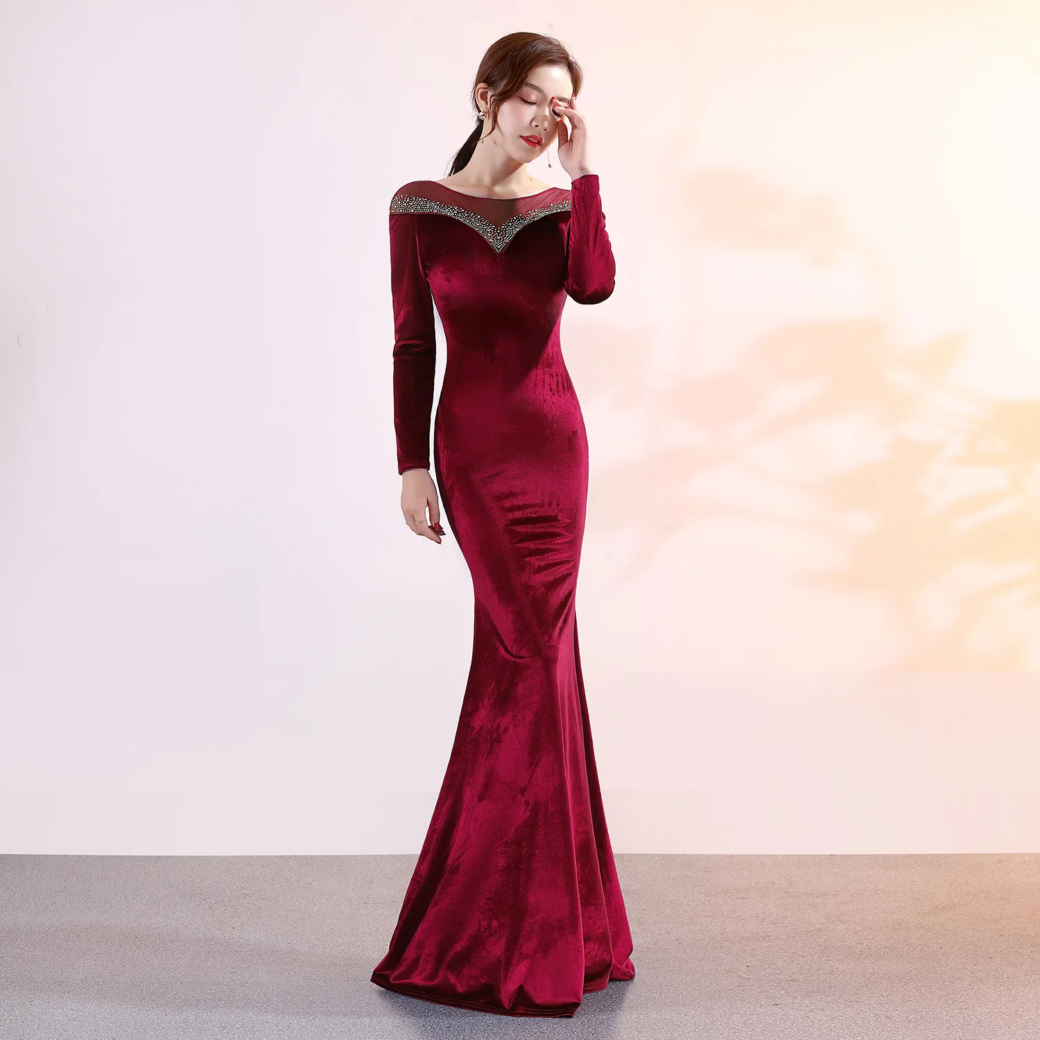 Elegant and Pretty Women's Velvet Prom Dress, Long Sleeves, Bride, Evening, Formal Party, Special Events, Luxury, Korean