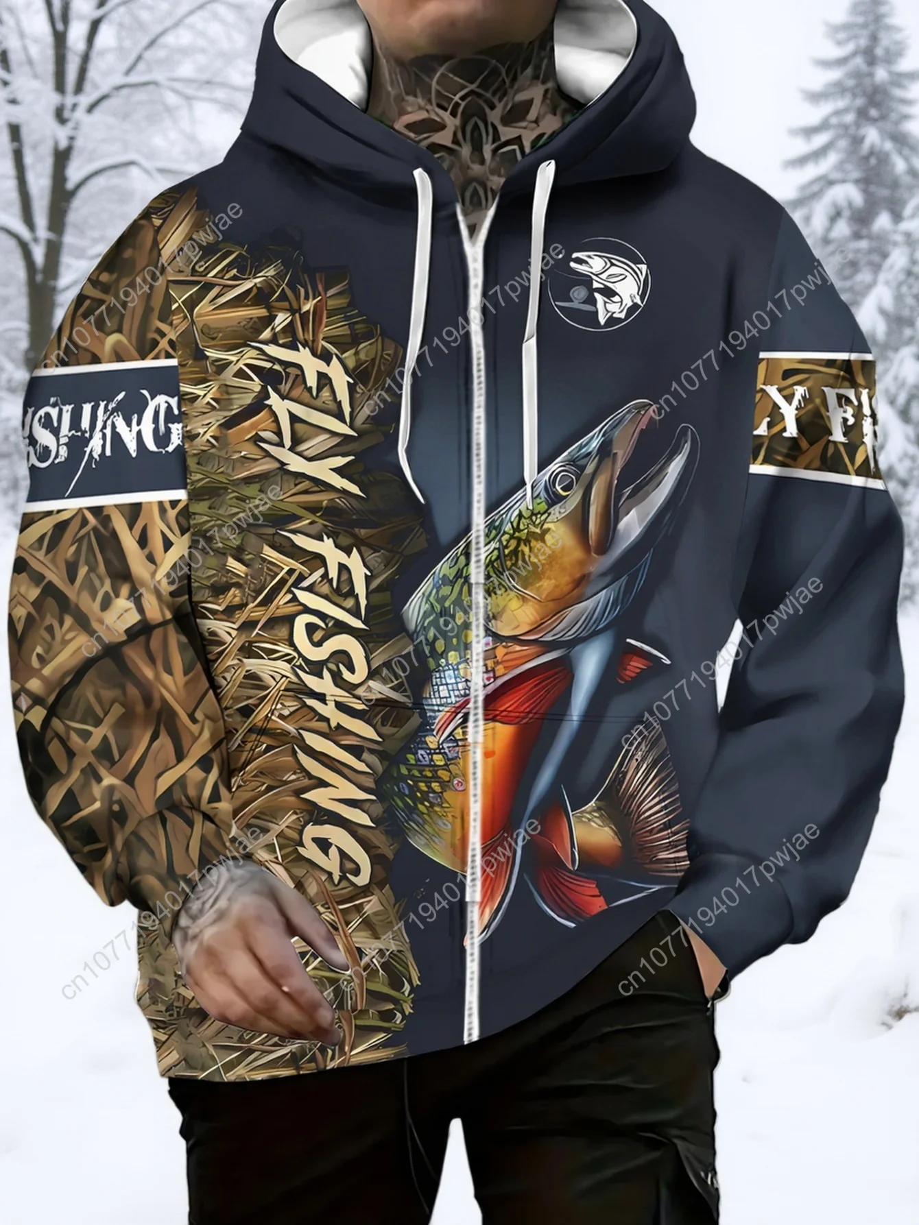 [Mapie temático de pesca] Moletom masculino de poliéster durável com tema de pesca – Azul marinho com estampa de peixe vibrante, leve e confortável