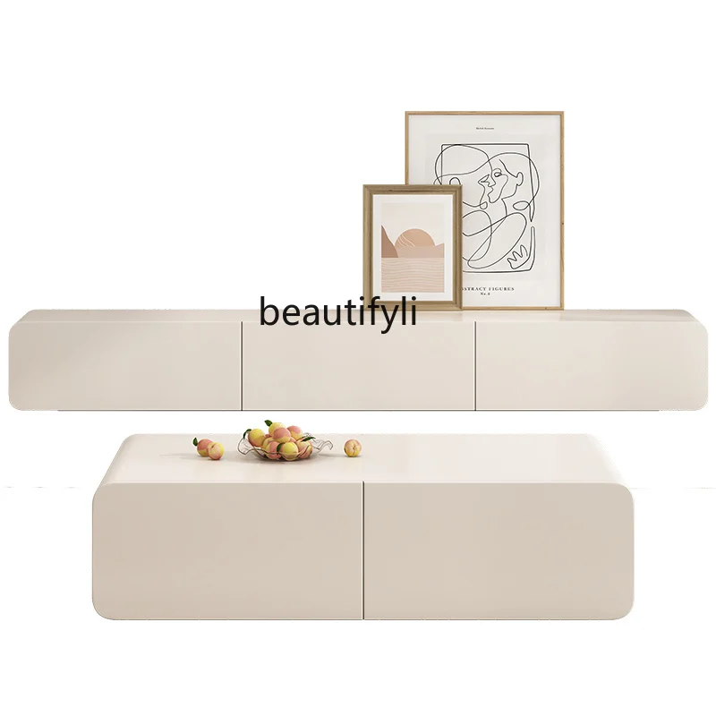 

Italian Minimalist Cream Style TV Cabinet and Tea Table Combination Modern Minimalist Paint TV Floor