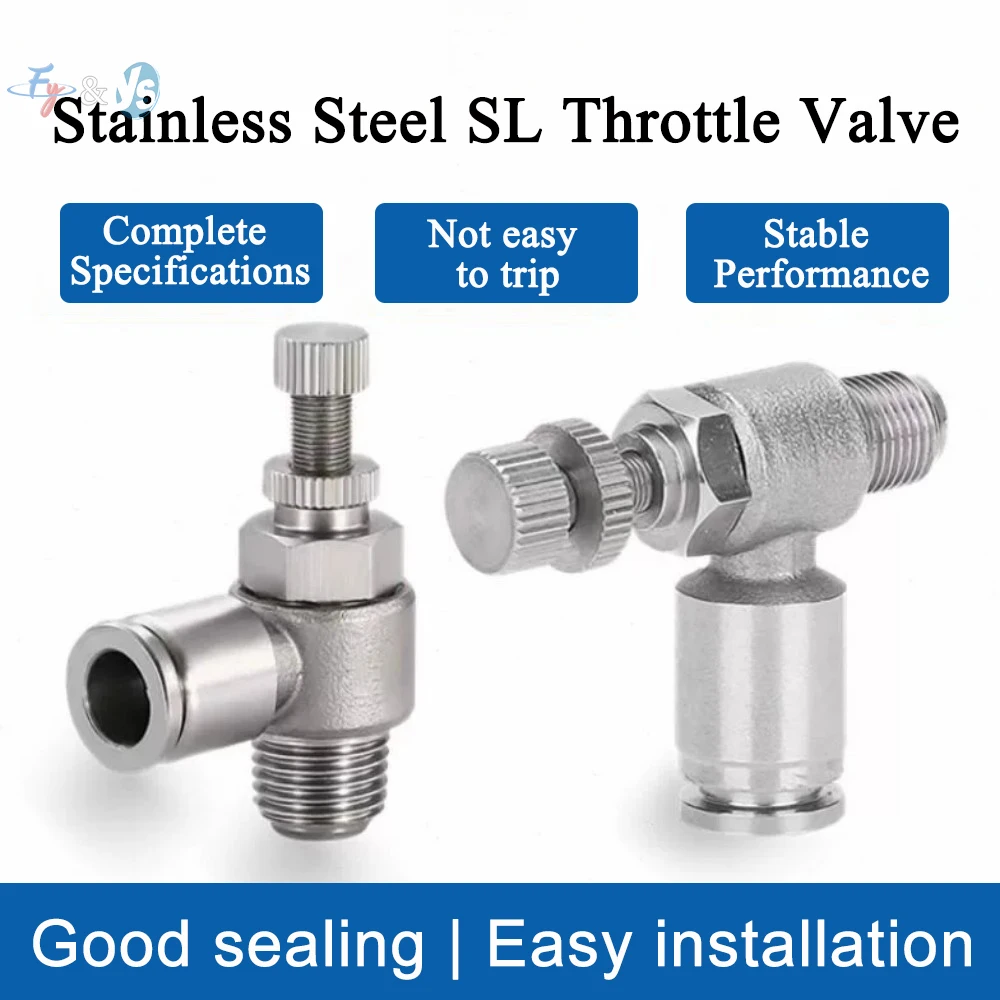 SS SL Series Pneumatic Air Flow Speed Control Valve, Quick Push-to-Connect Fitting Throttle Regulator for Cylinder Speed Control