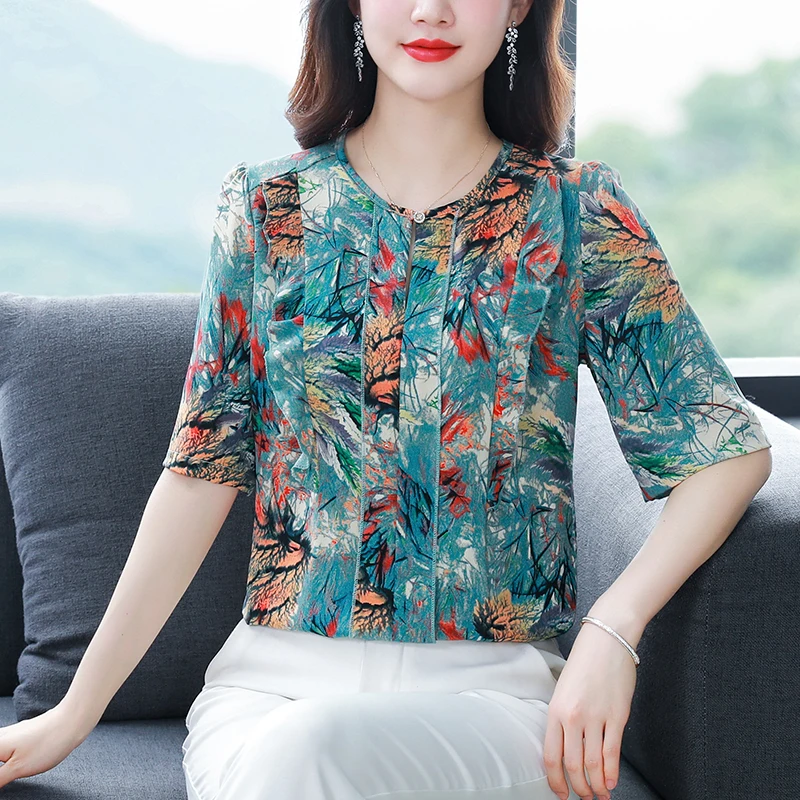 

2024 Summer New Style Versatile Women's Printed Round Neck Fashion Casual Short Sleeves Loose Set Transparent Chiffon Tops