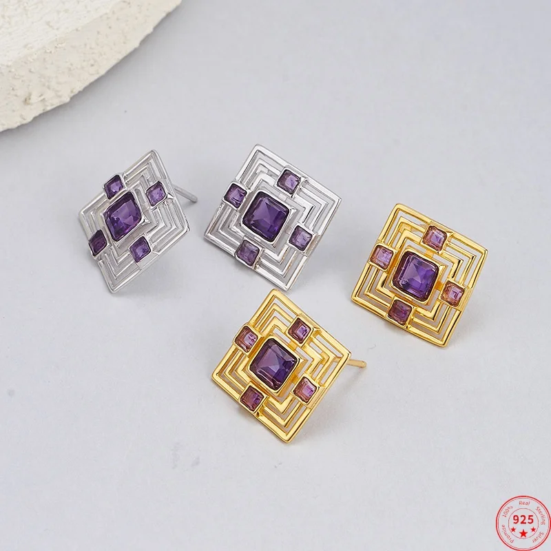 

Серьги-гвоздики из стерлингового серебра 925 пробы для женщин, позолоченные полые серьги-гвоздики с инкрустацией в виде ромба, аметист, модные ювелирные изделия, оптовая продажа