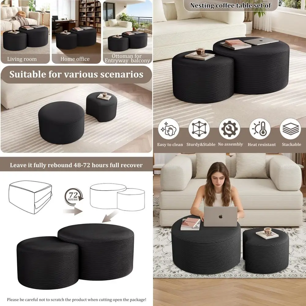 

Round Corduroy Sectional Sofa, 2-Piece Coffee Table Set, and Circle Foam Side Table for Living Room, Entryway, and Small Spaces,