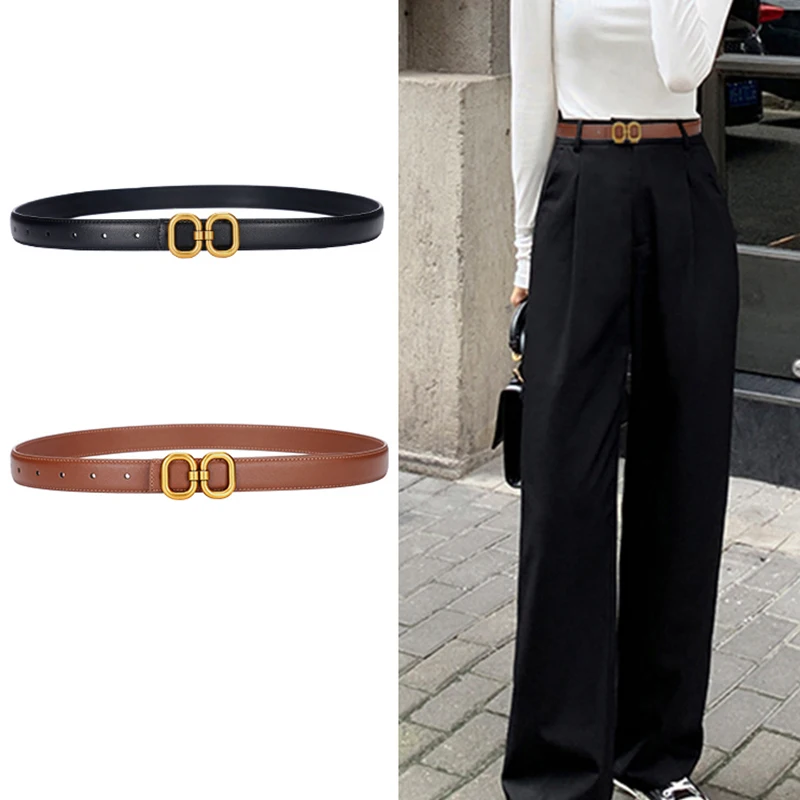 DINISITON New Women\'s Belt Classic Gold Pin Buckle Belt Fashion PU Leather Premium Feeling Pant Belts