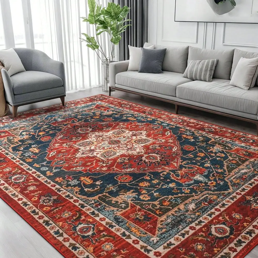 

Large Area Rug 6x9 Boho Floral Print Distressed Vintage Rug Traditional Floor Cover Foldable Thin Rugs Retro Accent Carpet Indo