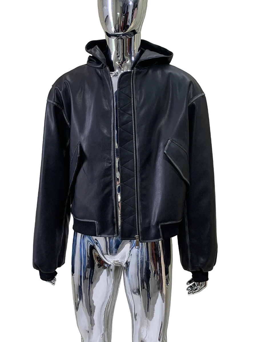 가을 겨울 숏 오버사이즈 따뜻한 두꺼운 디스트레스드 워시드 PU 가죽 재킷 남성용 후드 펑크 스타일 유럽 패션 2025