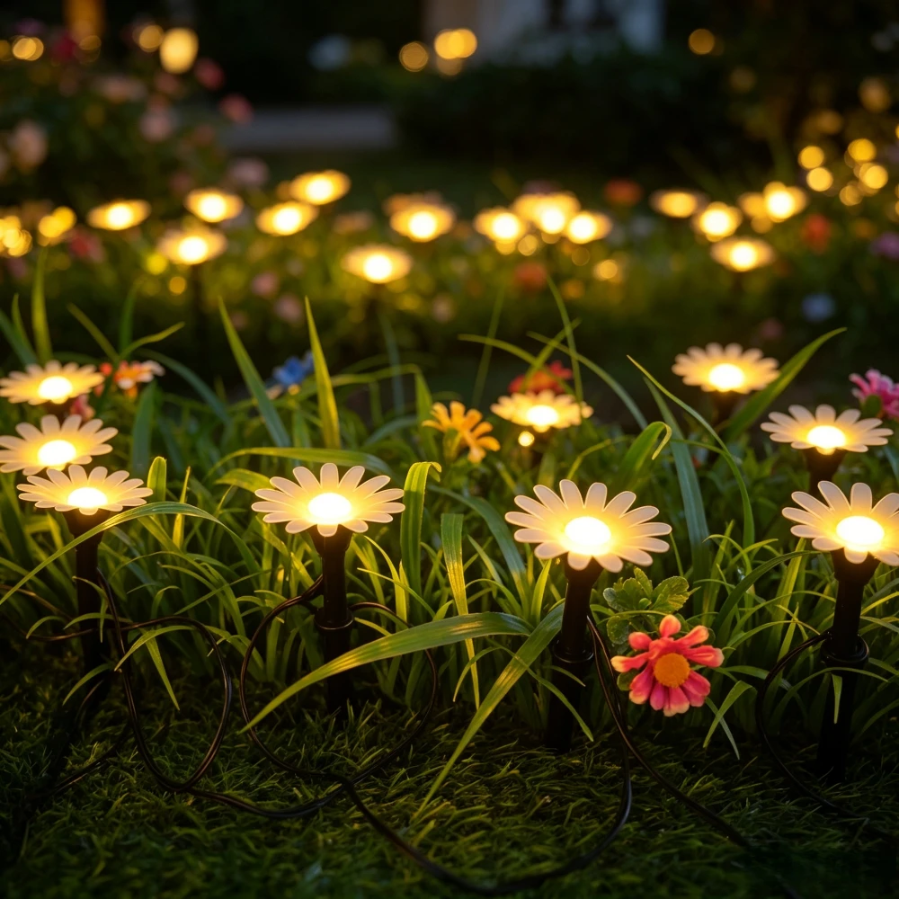1PC 5M/8M Solar Powered Daisy Garden Light, LED Waterproof Floor Mounted Lawn Light, Suitable For Courtyard Landscape Decoration