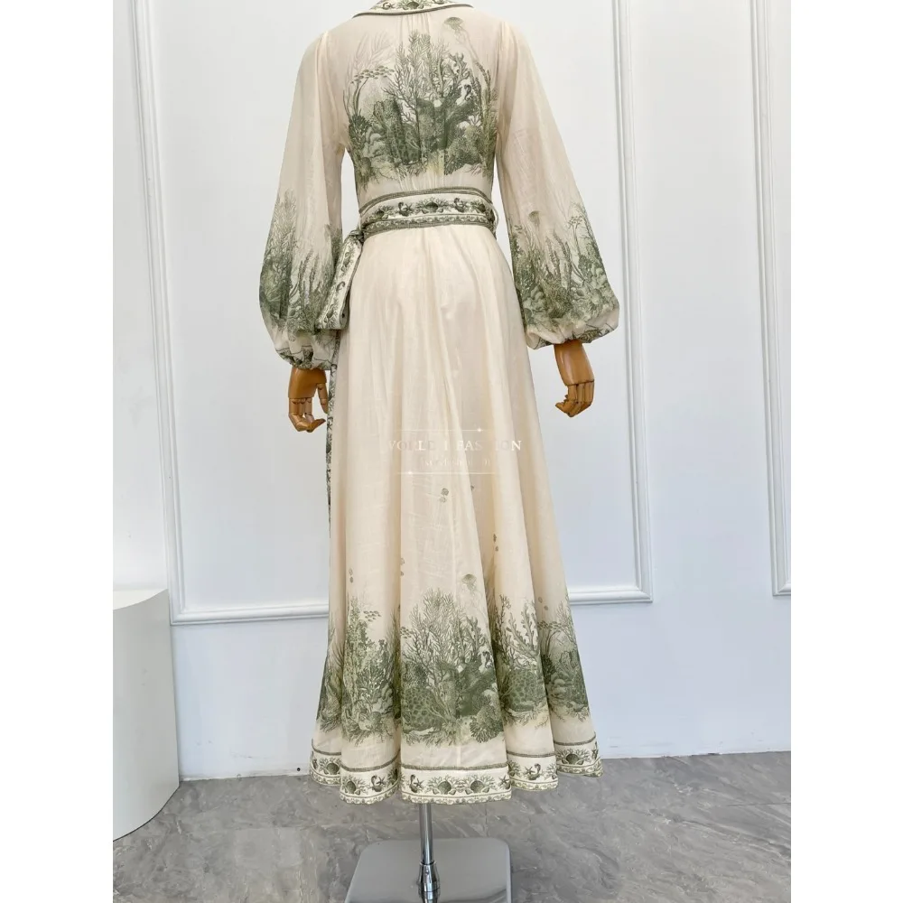 Wit groen vegetatiepatroon print lange mouw wikkel midi-jurk katoen van hoge kwaliteit