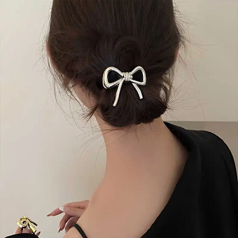 Korean Exquisite Metal Bow Hair Rope for Women Ponytail Headstring Elastic Hair Band Simple Elegant Hair Tie Hair Accessories