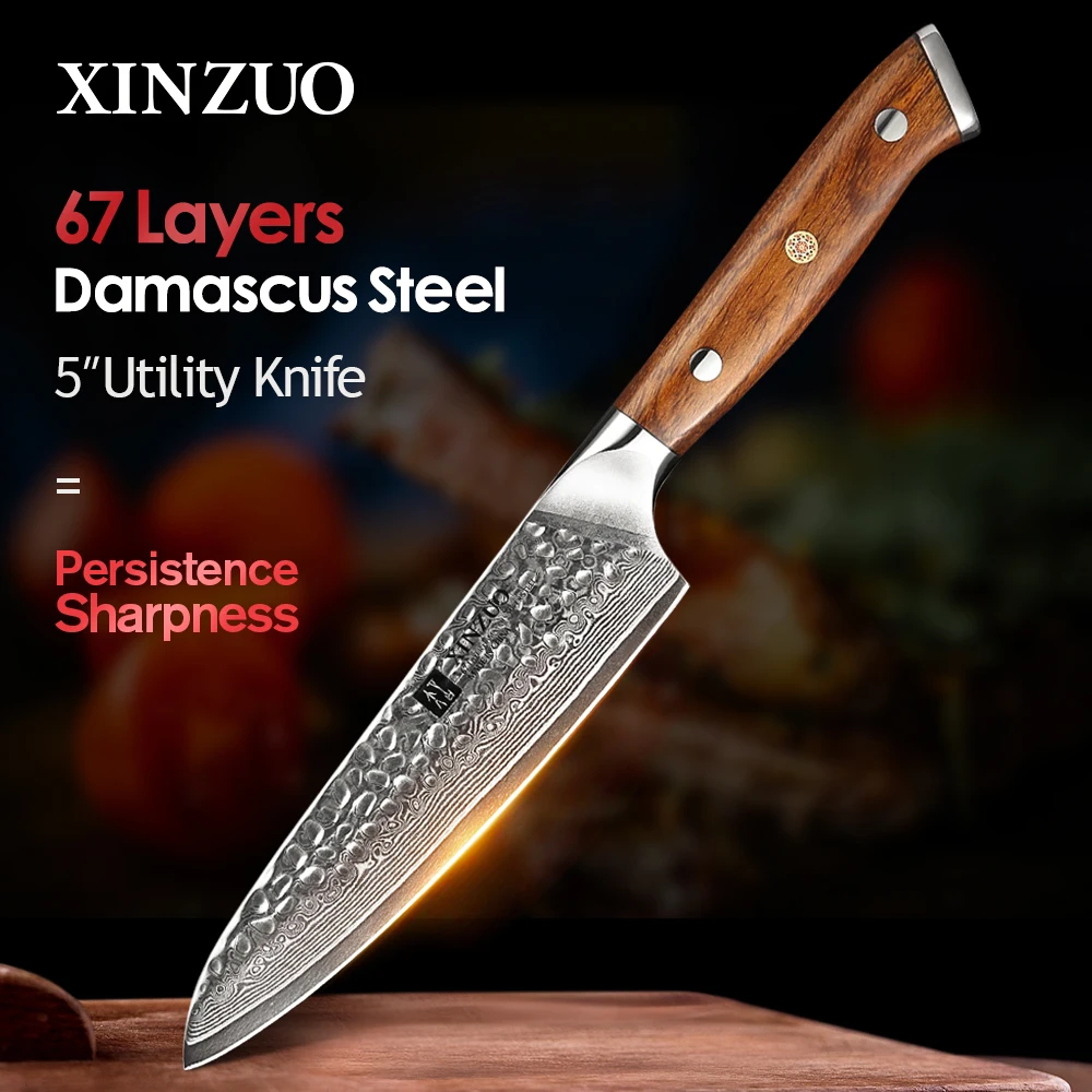 

XINZUO 5" Utility Knife Japanese VG10 Damascus 67 Layers Kitchen Knives Accessories Paring Knives Kitchen Tool with Ebony Handle