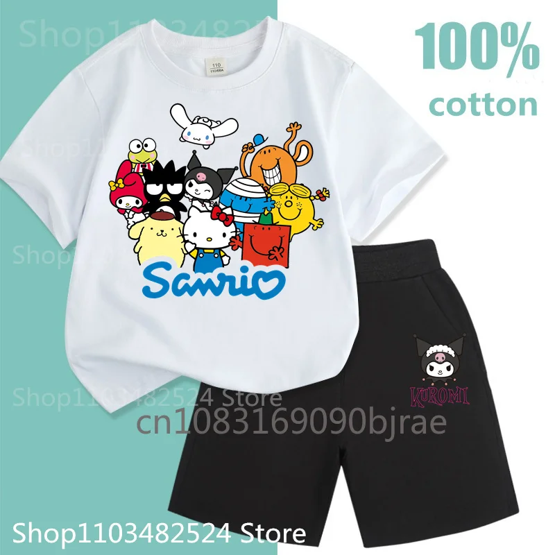 Fashion Cute Kids Sanrio Family Letter Pattern Print Summer O-Neck T-shirt 100% Cotton Sets Boys Casual Short Sleeve Girls Sets