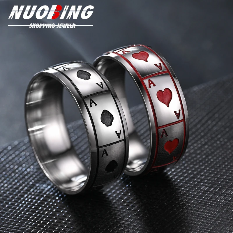 Fashion Retro Anime Poker Card Red Spades A Geometric Stainless Steel Male and Female Ring Party Anniversary Jewelry Gift