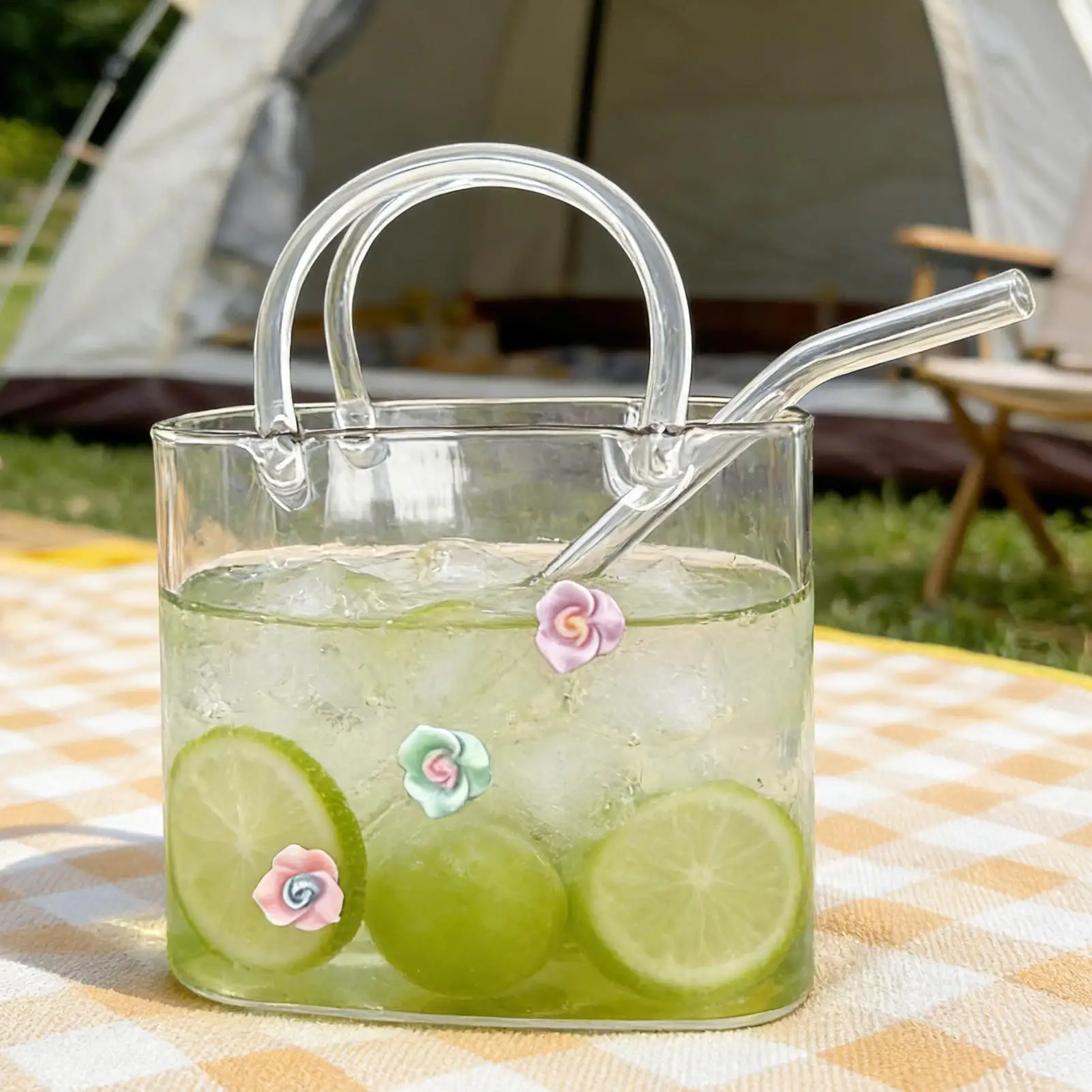 Glass Bag Vase Wide Rim Clear Drinking Mug With Straw Flower Vase Drink Purse Fish Bowl For Home Bar Party Bridal Shower Girls view 5
