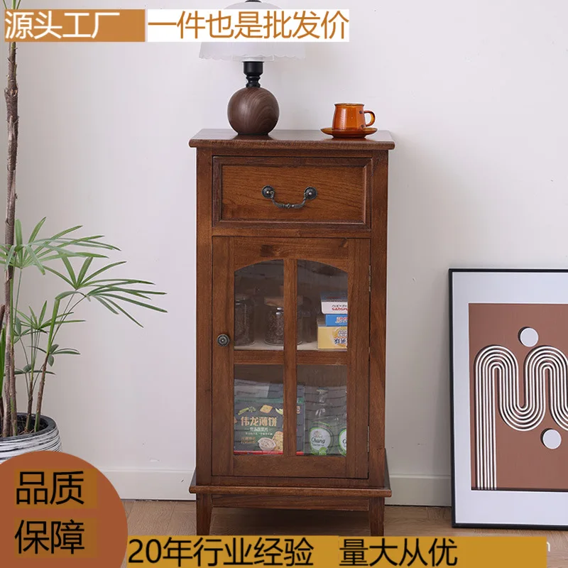 American retro solid wood wine cabinet, living room side cabine, glass door, tea cabin, wall storage cabint, simple side cab