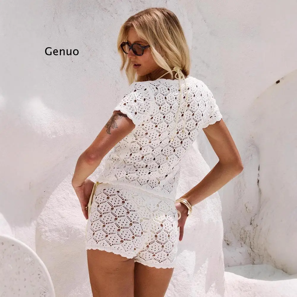 2025 Spring and Summer Women's New Comfortable Casual Hollow Character Navel Knitted Shorts Suit
