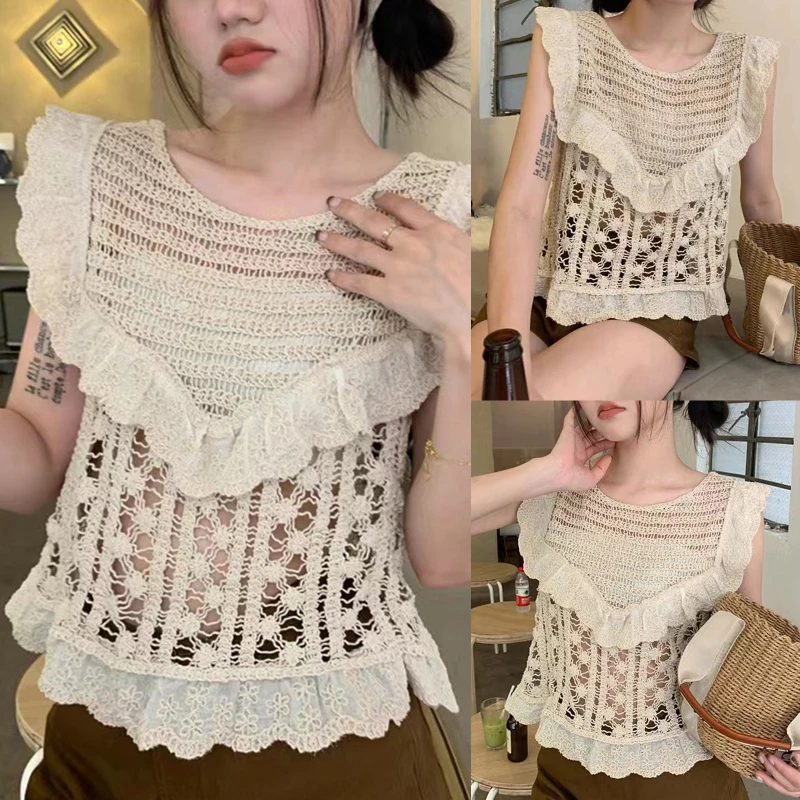 gestrickt für Tanktops für Frauen, alle passenden ärmellosen Cami-Tops, niedliche Rüschenbesatz, hohle Weste, Tops für