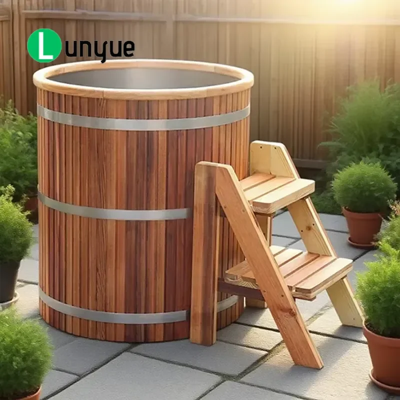 Canadian Redwood Cold Plunge Tub Stainless Steel Freestanding Cylindrical Ice Bath Barrel for Outdoor Home Spa Recovery